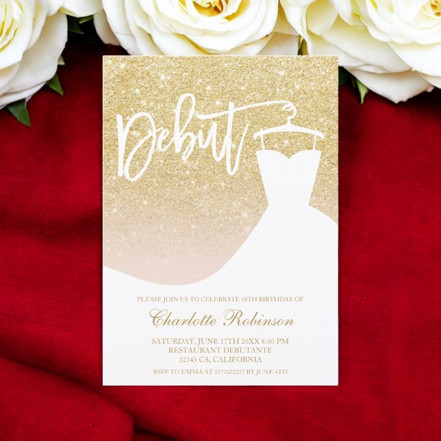 Invitación Glam purpurina  elegante vestido de moda 18th Debu (Glam gold glitter elegant chic dress 18th Debut Invitation)