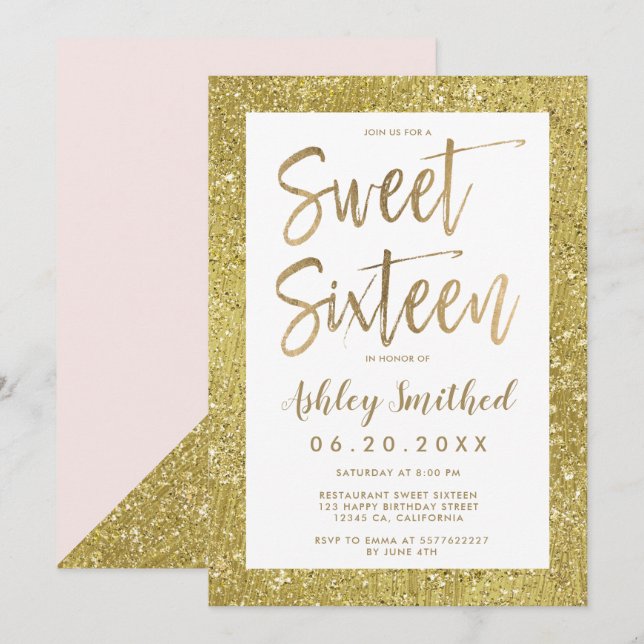 Invitación Glam purpurina oro Relieve metalizado rosa rubor d (Anverso / Reverso)