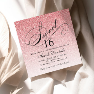Invitación Glam Purpurina rosa claro dulce 16 cuadrado
