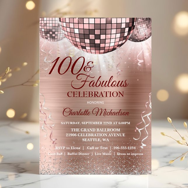 Invitación Glam, Purpurina Rosa de Oro, 100 años, discoteca B (Rose Gold Glitter Glam 100th Birthday Disco Ball Invitation)