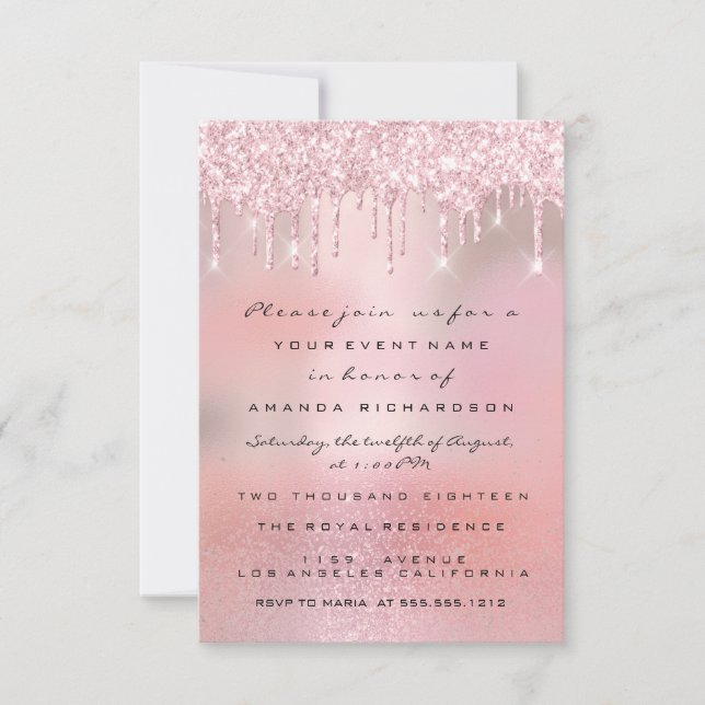 Invitación Glam Purpurinas Drips Rosa Dorado Dulce 16 (Anverso)