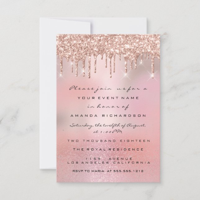 Invitación Glam Purpurinas Drips Rosa Dorado Dulce 16 (Anverso)