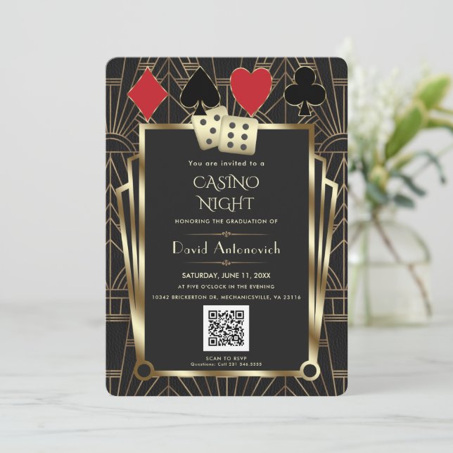 Invitación Glam QR Code Las Vegas Casino Graduación nocturna (Anverso de pie)
