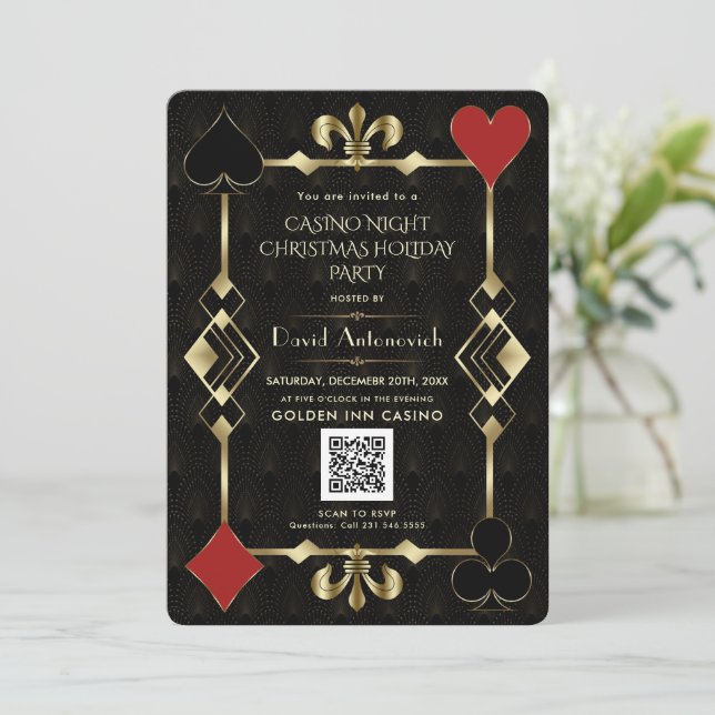 Invitación Glam QR Code Vegas Casino Navidades nocturnos (Anverso de pie)