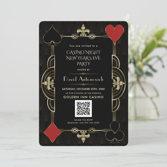 Invitación Glam QR Code Vegas Casino Noche de Año Nuevo (Anverso de pie)