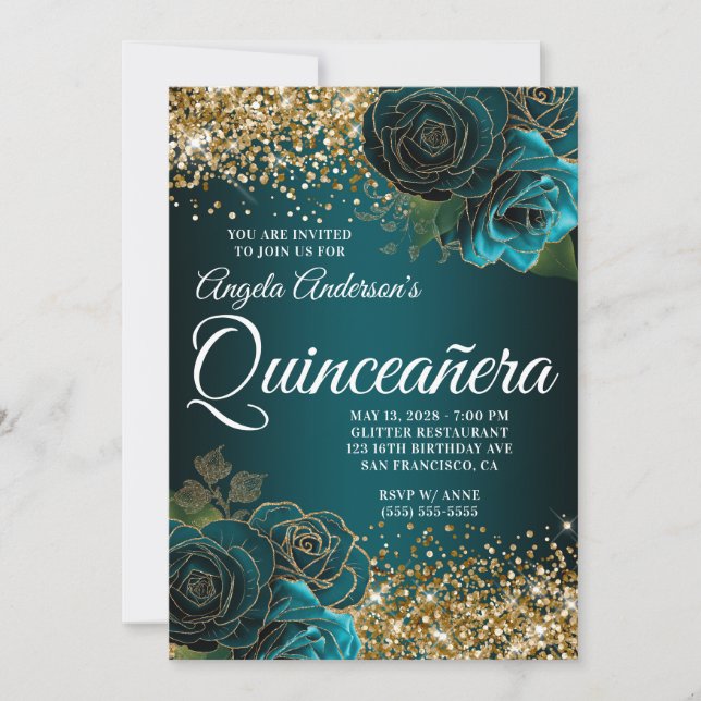 Invitación Glam Quinceañera floral azul Verde azulado Purpuri (Anverso)
