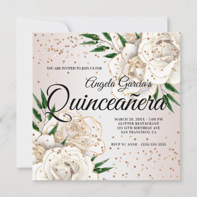 Invitación Glam Quinceañera floral blanca Purpurina de oro (Anverso)