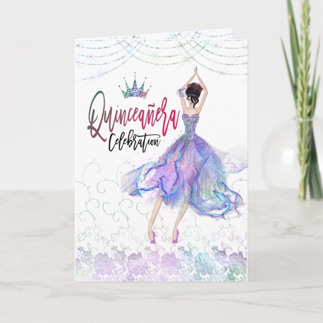 Invitación Glam Quinceanera Floral Lilac azul (Anverso)