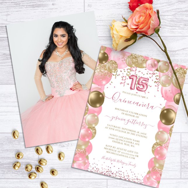 Invitación Glam Quinceañera Rosa (Pink Quinceanera Balloon Photo Invitation)