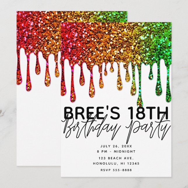Invitación Glam Rasta Rainbow Purpurinas Drithday Party (Anverso / Reverso)