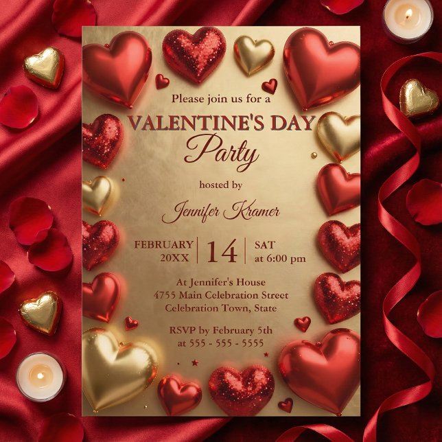 Invitación Glam Red and Gold 3D Hearts Valentine's Day Party (Subido por el creador)