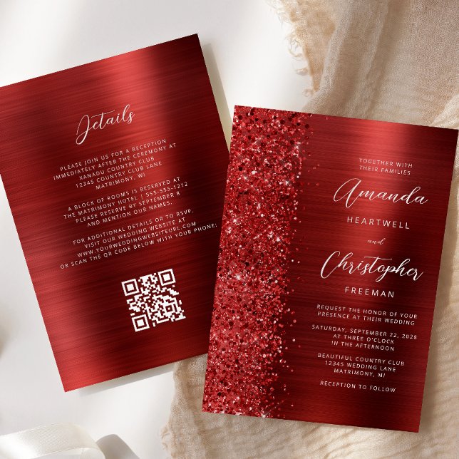 Invitación Glam Red Brushed Metal QR Code Wedding (Subido por el creador)