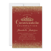 Glam Red Burgundy Quinceañera Gold Tiara Purpurina