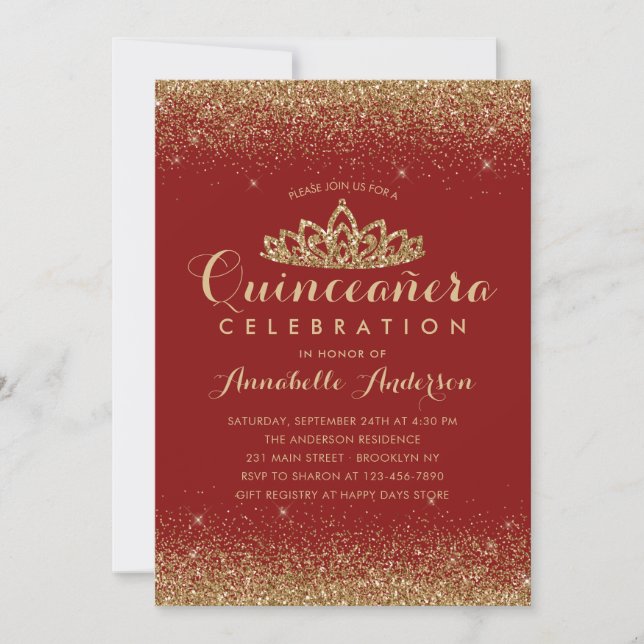 Invitación Glam Red Burgundy Quinceañera Gold Tiara Purpurina (Anverso)