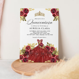 Invitación Glam Red Dress Floral acuarela 15 Quinceañera