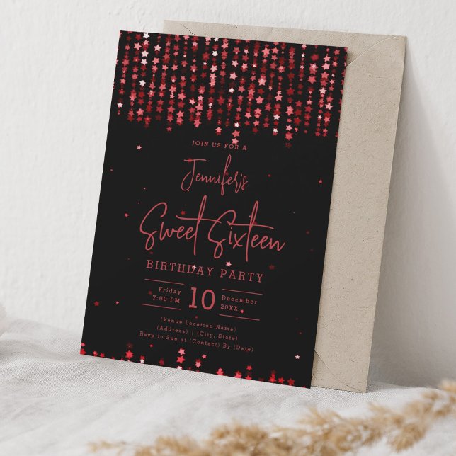 Invitación Glam Red Falling Stars Dulce fiesta de cumpleaños  (Glam Red Falling Stars Sweet 16 Birthday Party Invitation)