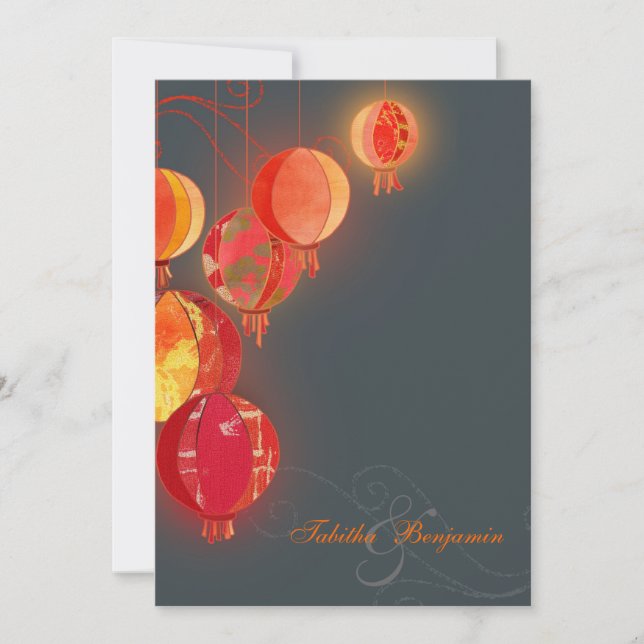 Invitación Glam Red Lanterns Boda gris carbón vegetal (Anverso)