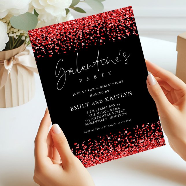 Invitación Glam Red Purpurina Borders Black Galentines Fiesta (Subido por el creador)