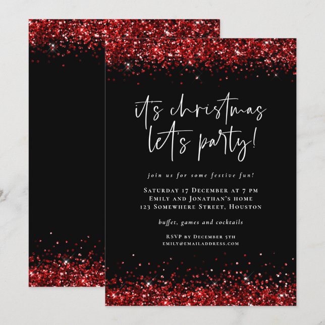 Invitación Glam Red Purpurina Borders Lets Navidades Fiestas (Anverso / Reverso)