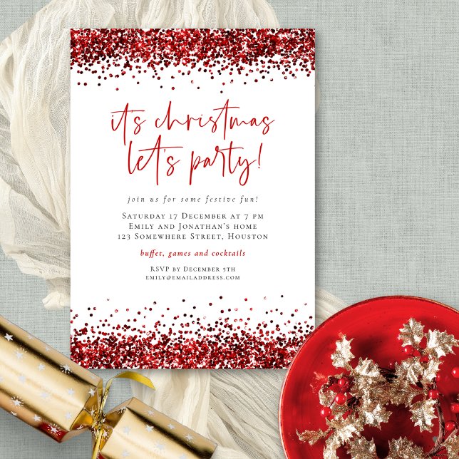 Invitación Glam Red Purpurina Navidades deja Fiesta (Subido por el creador)