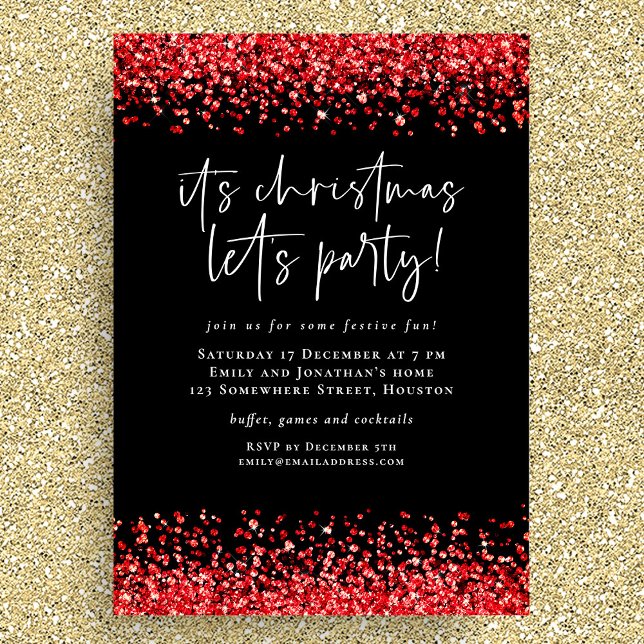 Invitación Glam Red Purpurina Navidades deja Fiesta negro (Available digitally and printed)