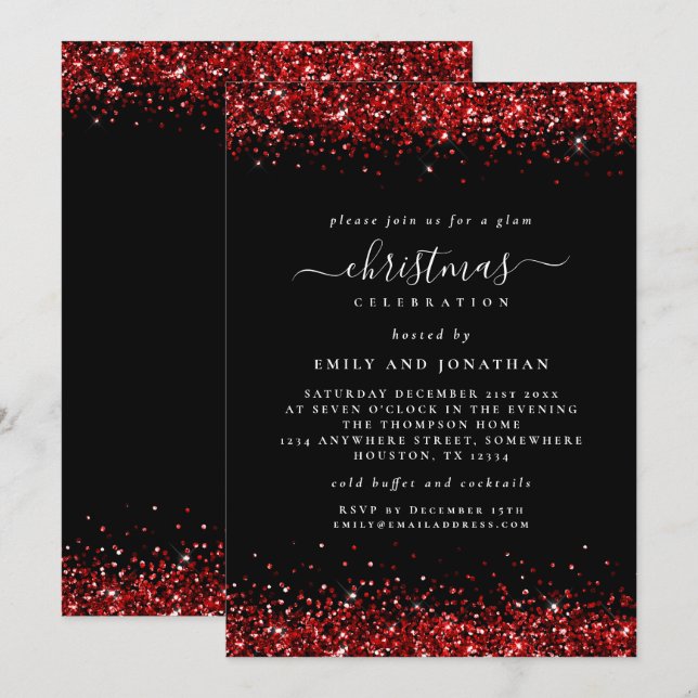 Invitación Glam Red Purpurina Navidades Fiesta Negro (Anverso / Reverso)