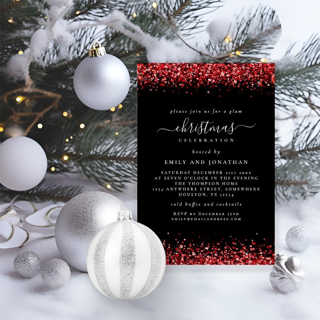 Invitación Glam Red Purpurina Navidades Fiesta Negro (Available digitally and printed)