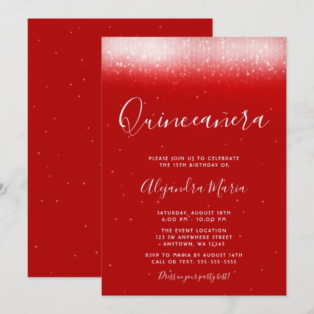Invitación Glam Red Quinceañera (Anverso / Reverso)