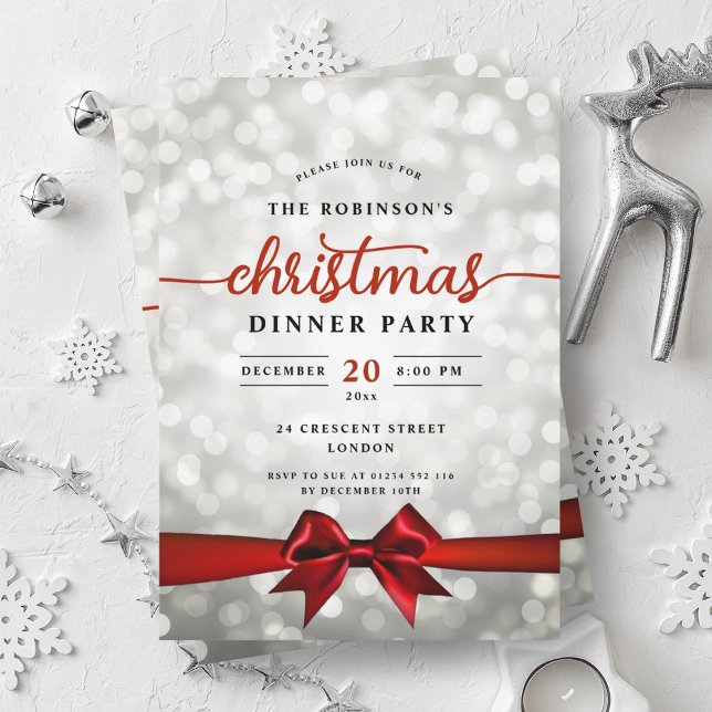 Invitación Glam Red Ribbon Silver Ilumina a Navidades Fiesta (Glam Red Ribbon Silver Lights Christmas Party Invitation)