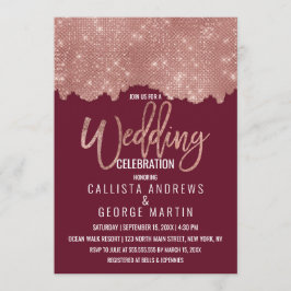 Invitación Glam Red Rose Gold Purpurina Boda de bloques de co
