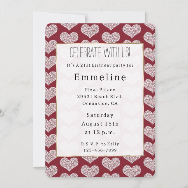 Invitación Glam Red White Hearts (Anverso)