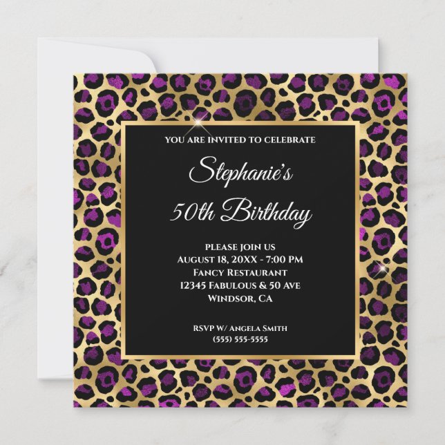 Invitación Glam, Relieve metalizado de leopardo dorado y mora (Anverso)