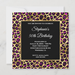 Invitación Glam, Relieve metalizado de leopardo dorado y mora