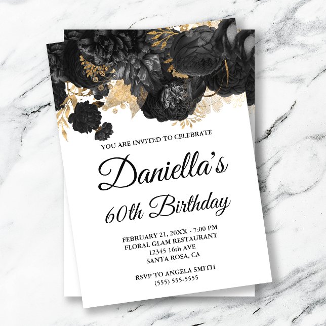 Invitación Glam, Relieve metalizado dorado de Flores Negras,  (Subido por el creador)
