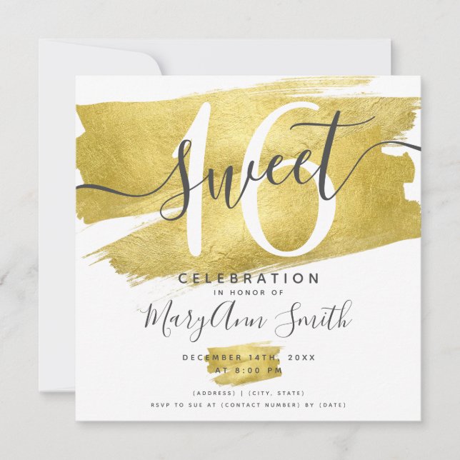 Invitación Glam Relieve metalizado dorado Paint Sweet 16th Bi (Anverso)