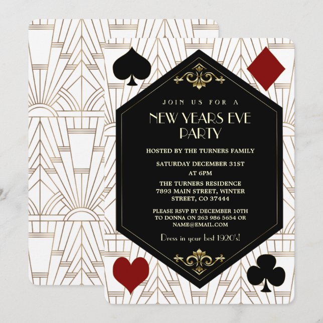 Invitación Glam Roaring 1920s Casino Gambling New Year Party (Anverso / Reverso)