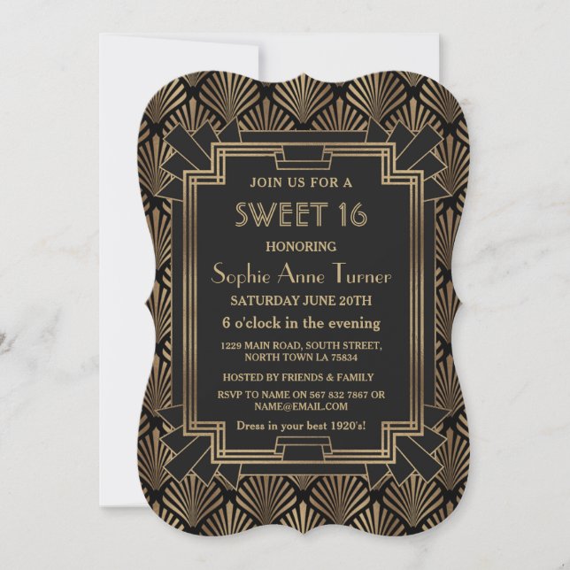 Invitación Glam Roaring 20's Great Gatsby Art Deco SWEET 16 (Anverso)