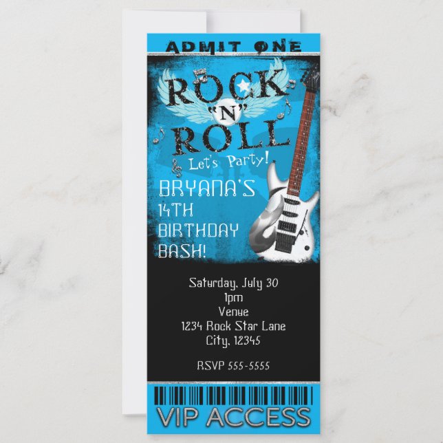 Invitación Glam Rock N Roll Star Billete de cumpleaños VIP Az (Anverso)