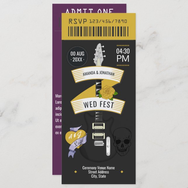 Invitación Glam Rock Rock ’n’ Roll Wedding Ticket (Anverso / Reverso)