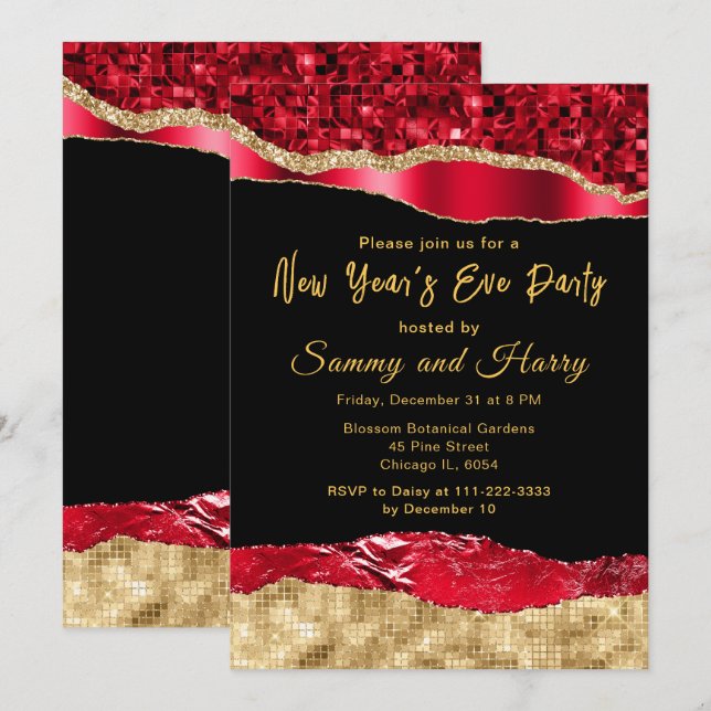 Invitación Glam Rojo y Oro llora al Fiesta de Nochevieja (Anverso / Reverso)