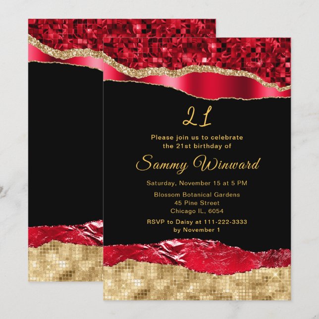 Invitación Glam Rojo y Oro Lloran fiesta de cumpleaños (Anverso / Reverso)