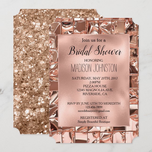Invitación Glam Rosa Baño de Novia con Brillo de Cuadrados Do (Anverso / Reverso)