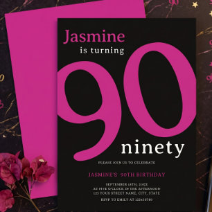 Invitación Glam Rosa Caliente Cumpleaños 90 Noventa Negro