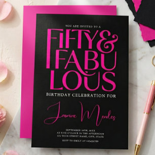 Invitación Glam Rosa Caliente Negro Chic 50 y Fabuloso Cumple