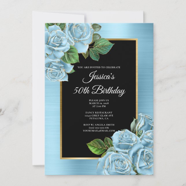 Invitación Glam, Rosa de oro y azul bebé, 50 cumpleaños (Anverso)