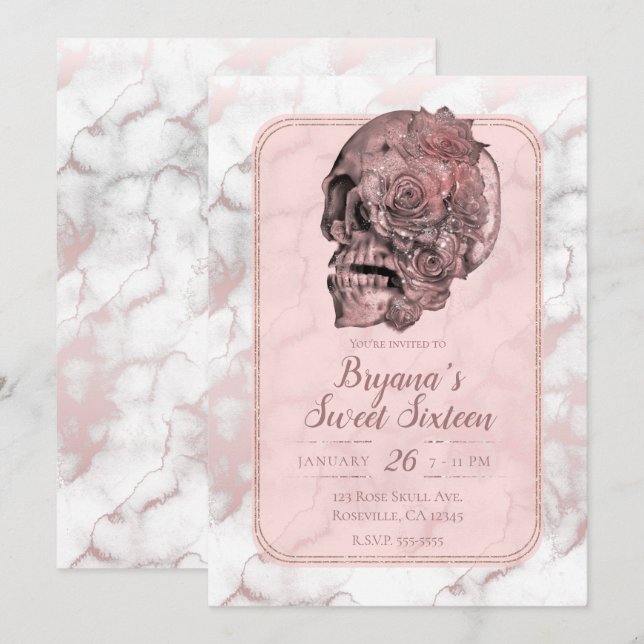 Invitación Glam Rosa Dorado Rosa Calavera Mármol Dulces 16 (Anverso / Reverso)