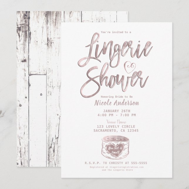 Invitación Glam Rosa Dorado Rosa Lencería Ducha Madera Rústic (Anverso / Reverso)