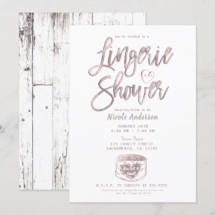 Invitación Glam Rosa Dorado Rosa Lencería Ducha Madera Rústic