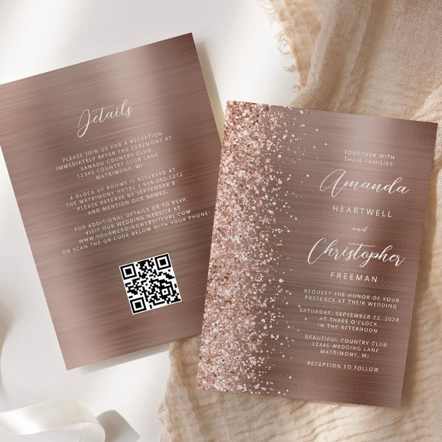 Invitación Glam Rosa Gold Cepillado Metalizado Boda de código (Subido por el creador)