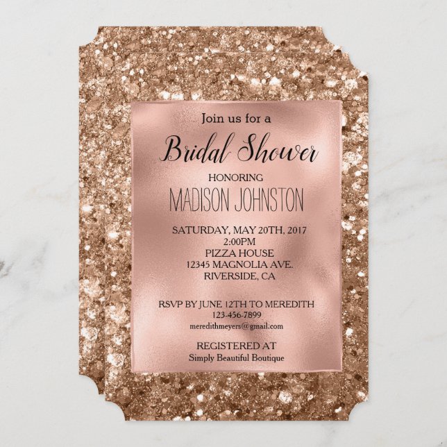 Invitación Glam Rosa Gold Chunky Purpurina Bridal Shower (Anverso / Reverso)